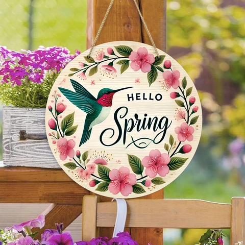 Round Wood Hanging Sign Hello Spring Hummingbird Floral Welcome Plaque Wall Decor For Front Door Porch Garden