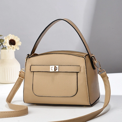 Women Fashion Handbag Litchi Pattern PU Leather Top Handle Shoulder Crossbody Bag Elegant Turn Lock Satchel Purse