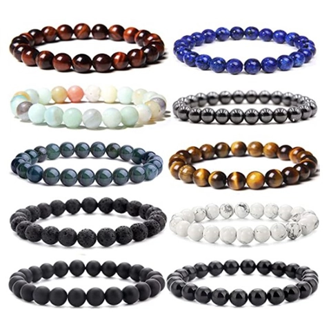 Natural Stone Beaded Bracelet Tiger Eye Lava Rock Lapis Lazuli Healing Energy Elastic Handmade Jewelry Women Men