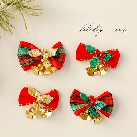Christmas Bow Ornaments With Double Gold Bells Polyester Velvet Plaid Traditional Holiday Tree Decoration Party Decor
