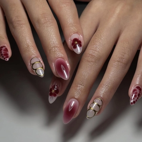 Unghie Finte Mandorla Lucide Rosso Vino Motivo Floreale Linee Dorate Stampa Leopardata Per Donna