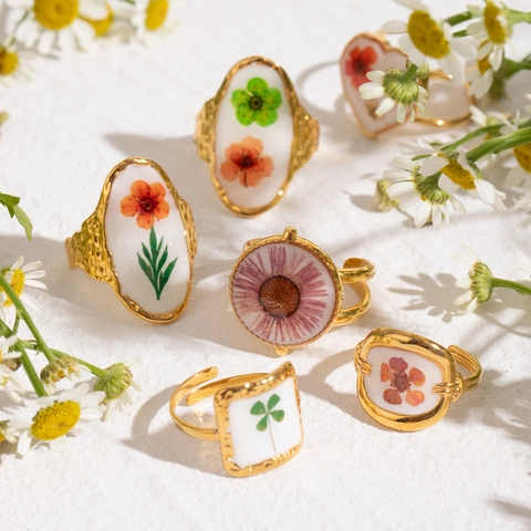 Anillo Abierto Ajustable Acero Inoxidable Flor Seca Real Resina Floral Joyería Vintage Para Mujeres