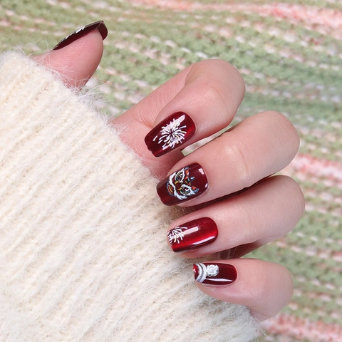 Uñas Postizas Ojo De Gato Rojo Oscuro Pintadas A Mano Patrón Danza Del León Fuegos Artificiales Año Nuevo Chino Estilo Tradicional