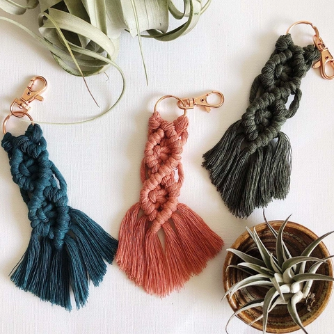 Macrame Keychain Handmade Braided Cotton Rope Tassel Bohemian Style Bag Pendant Accessory With Rose Gold Metal Clasp