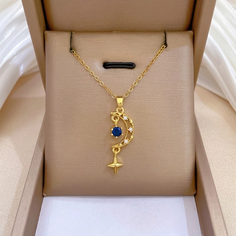 Collana Pendente Stella Luna Con Pietra Preziosa Blu Rhinestone Oro Catena Acciaio Inossidabile Rame Per Donne