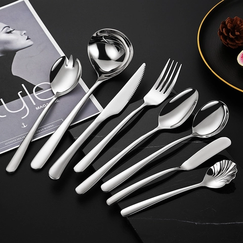 Elegant 304 Stainless Steel Cutlery Flatware Mirror Polished Thickened Spoon Fork Steak Knife For Home Hotel Restaurant