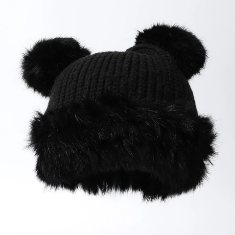Bonnet D'Hiver Femme Double Pompons Fausse Fourrure Oreilles D'Ours Tricot Coton Épais Bordure Peluche