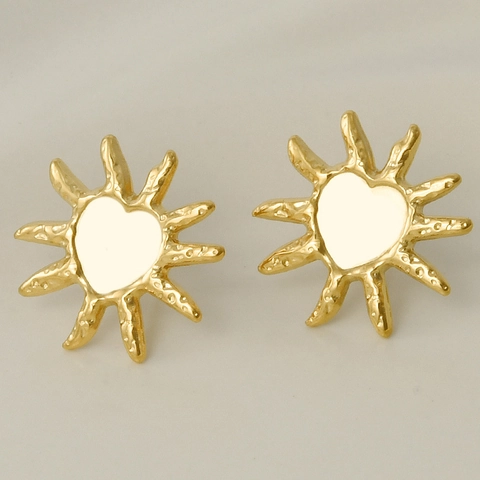 Stainless Steel Heart Sun Stud Earrings Women Irregular Hammered Starburst 18K Gold Plated Vacuum Plating Jewelry