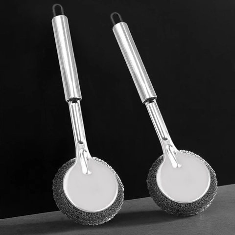 Brosse De Nettoyage De Cuisine Avec Long Manche En Acier Inoxydable Boule De Nettoyage En Fil D'acier Durable
