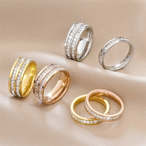 Eternity Band Ring Titanium Steel Square Cut Zircon Inlaid 18K Gold Plated Luxury Fashion Jewelry For Men Women