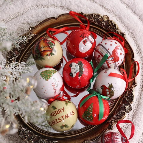 Christmas Ball Ornaments Painted Plastic Baubles For Tree Hanging Decoration Holiday Scene Layout Reindeer Snowman Pattern Vintage Style