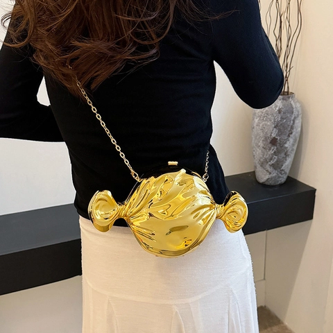 Candy Shaped Acrylic Evening Bag Metallic Gloss Fluid Texture Hard Shell Mini Crossbody Clutch With Metal Chain For Women