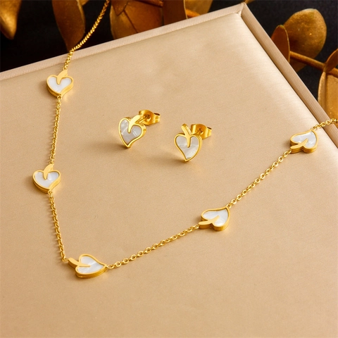 Elegante Blad Hart Ketting Armband Oorknopjes Verguld Roestvrij Staal Witte Schelp Dames Mode Sieraden