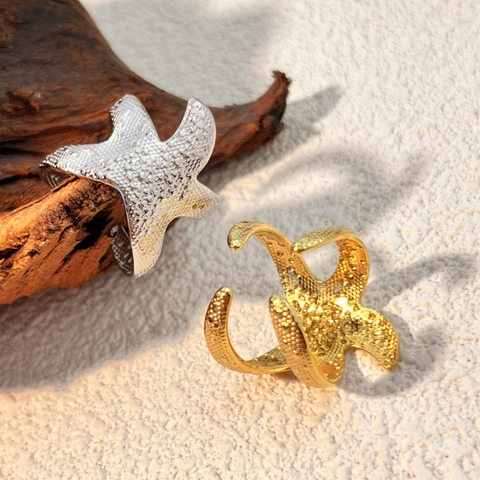 Starfish Open Ring 18K Gold Plated Stainless Steel Hammered Texture Adjustable Jewelry For Women