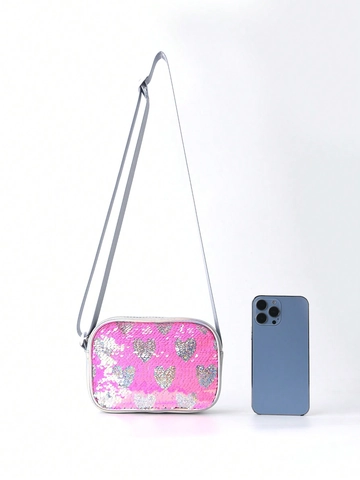 Girls Sequin Heart Crossbody Bag Holographic PU Small Square Shoulder Purse For Kids