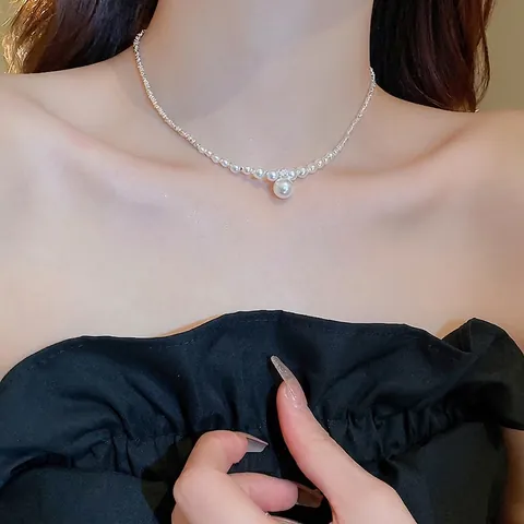 Elegant Faux Artificial Pearl Necklace With Cubic Zirconia Alloy Pendant French Light Luxury Clavicle Chain For Women