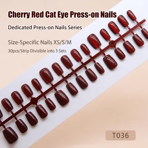 Cherry Red Cat Eye Press On Nails Glossy Ballet Shape Detachable Artificial Fingernails For Women