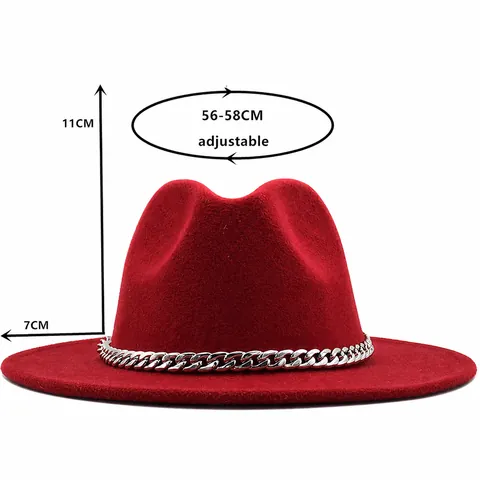 Unisex Wide Brim Felt Fedora Hat With Decorative Metal Chain And Rivet Belt Vintage Trilby Panama Jazz Cap For Daily Wear