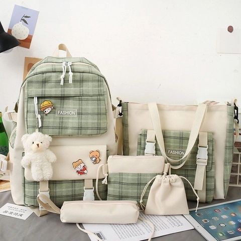 Sac À Dos Toile Cabas Sac Bandoulière Pochette Trousse À Crayons Carrelé École Style Japonais Pour Étudiants Filles Pendentif Ours
