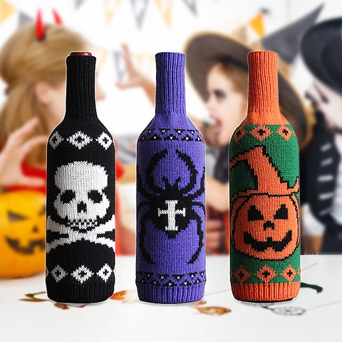 Πλεκτά Καλύμματα Μπουκαλιών Κρασιού Halloween Σχέδιο Νεκροκεφαλή Κολοκύθα Αράχνη Διακόσμηση Τραπεζιού Πάρτι Τσάντα Κρασιού