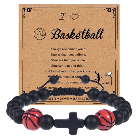Sports Beaded Bracelet Frosted Natural Stone Basketball Soccer Cross Pendant Adjustable Woven Rope Inspirational Gift