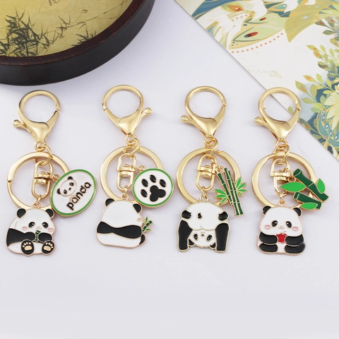 Cartoon Panda Keychain Zinc Alloy Enamel Bamboo Pendant Gold Tone Metal Bag Accessory Cute Gift