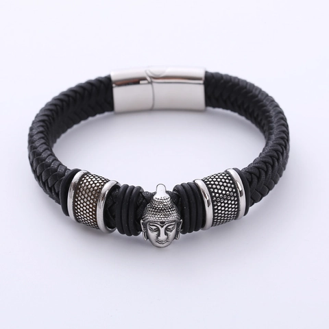 Bracciale In Pelle Intrecciata Da Uomo Con Ciondolo Testa Di Buddha Chiusura Magnetica In Acciaio Inossidabile 316L Punk Etnico