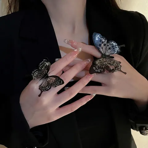 Butterfly Open Ring Black Acrylic Double Layer Wing Gothic Punk Alloy Statement Jewelry For Women