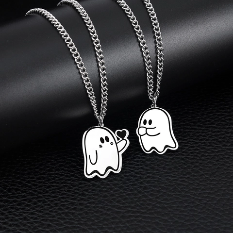 Collier Pendentif Fantôme Acier Inoxydable Cœur Bijoux Halloween Pour Couples Meilleurs Amis Style Dessin Animé Mignon
