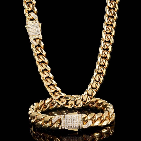 Collana E Bracciale Catena Cubana Hip Hop Acciaio Inossidabile Chiusura In Zircone Stile Punk Gioielli Per Uomo Donna