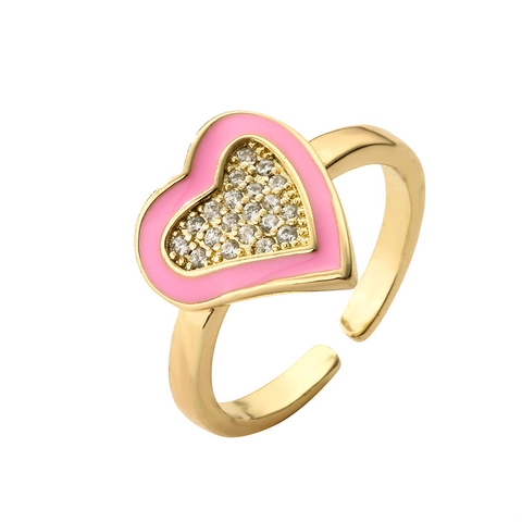 Anillo De Moda En Forma De Corazón De Cobre Con Micro Pavé De Circonia Esmalte Colorido Anillo Abierto Ajustable Para Mujer
