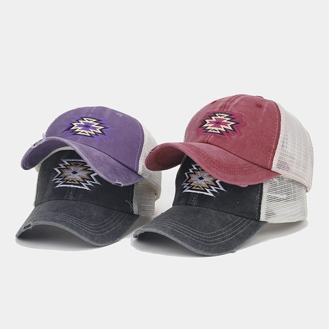 Cappello Da Baseball In Cotone Lavato Rete Trucker Hat Distressed Ricamato Foro Per Coda Di Cavallo Estate Retrò Regolabile Donne