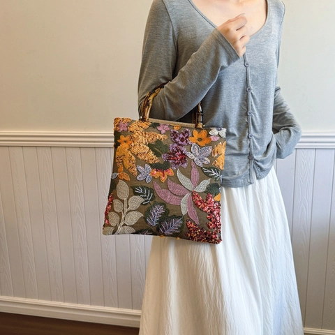 Vintage Chinese Stijl Handtas Canvas Bloemborduursel Lovertjes Bamboe Handvat Grote Capaciteit Draagtas Voor Dames