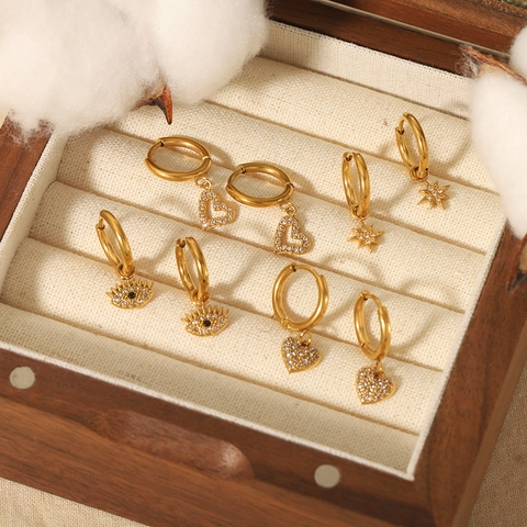 Huggie Hoop Ohrringe Edelstahl 18K Vergoldet Zirkonia Herz Stern Böser Blick Anhänger Schmuck Damen