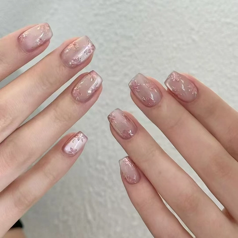 Press On Nails Roze Cat Eye Bloemenpatroon ABS Glanzend Kort Vierkant Rond Kunstnagels Voor Dames Zoet Elegant Dagelijks