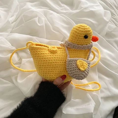 Kids Crossbody Bag Cute Duck Shape Hand Knitted Wool Yarn Crochet Cartoon Animal Mini Shoulder Bag For Girls Children