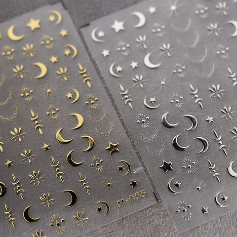 Nagelstickers Metaal Goud Zilver Reliëf Dun Zelfklevend Hemels Ster Maan Zon Kosmische Ontwerpen Voor Vrouwen Manicure