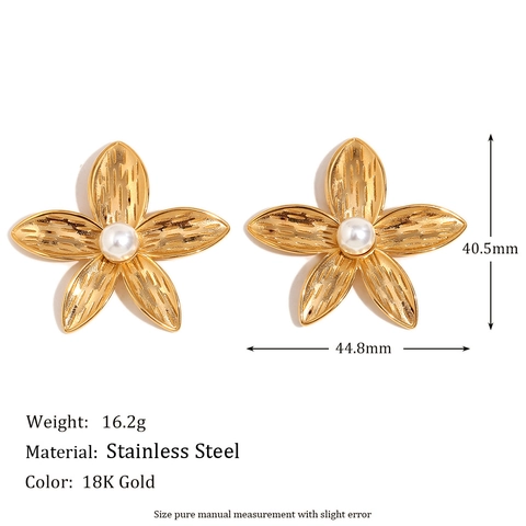 Gioielli Fiore Di Frangipane Acciaio Inossidabile Placcato Oro 18K Elegante Vintage Orecchini E Anello Con Imitazione Perla Artificial