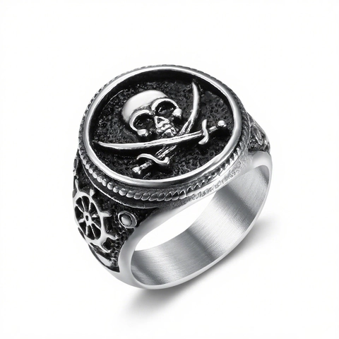 Anillo De Calavera Pirata Vintage De Acero Inoxidable Espadas Cruzadas Timón Joyería Gótica Punk Para Hombres
