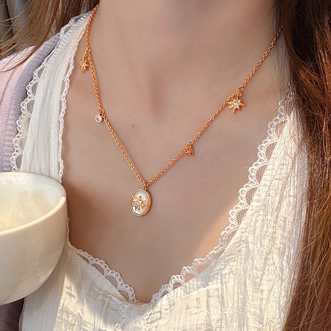 Collana Con Pendente Ovale In Madreperla Stella Rame Placcato Oro 18K Zircone Ciondoli Stella Gioielli Retro Francesi