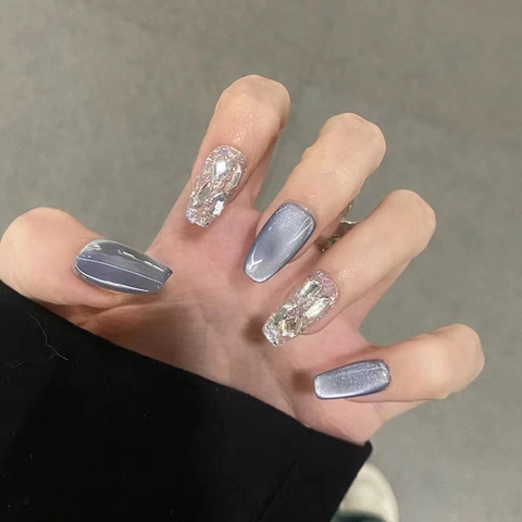 Press On Nagels Cat Eye Effect Coffin Ballet Vorm Grijs Blauw Ijs Strass Afneembare Glanzende Kunstnagels Dames DIY Manicure