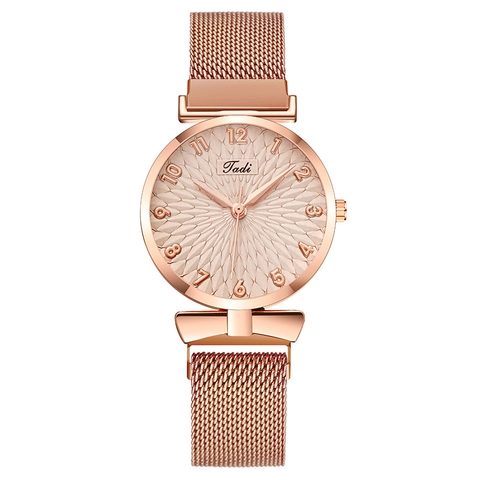 Fashion Women Quartz Watch Magnetic Buckle Milanese Mesh Metal Strap Sunflower Dial Arabic Numerals Analog Wristwatch Gift