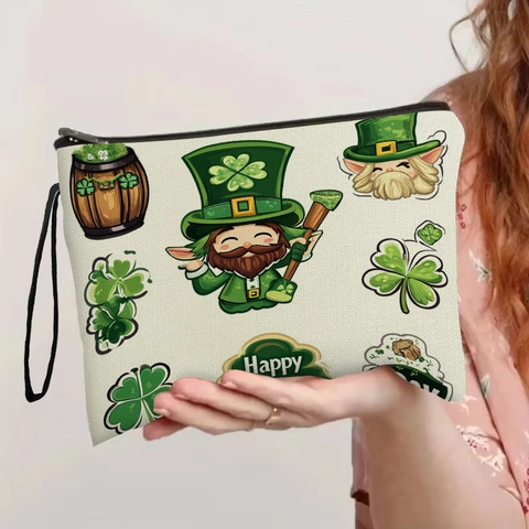 St Patricks Day Kosmetiktasche Kobold Kleeblatt Druck Feinleinen Kulturbeutel Mit Reißverschluss Und Handschlaufe Für Damen