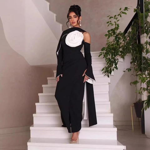 Elegantes Damen Abendkleid Maxi Off Shoulder 3D Weiße Blumen Dekoration Hoher Schlitz Slim Fit Bankett Party Kleid