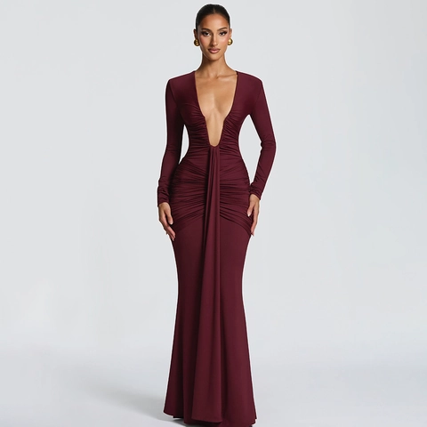 Abito Maxi Sexy Con Scollo A V Profondo Elegante Abito Da Sera Bodycon A Maniche Lunge Sirena Con Fascia Vita Alta