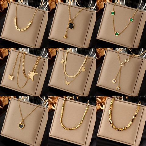 Stainless Steel Rhinestone Butterfly Heart Pendant Necklace Fashion OL Geometric Tassel Chain Necklace Jewelry For Women