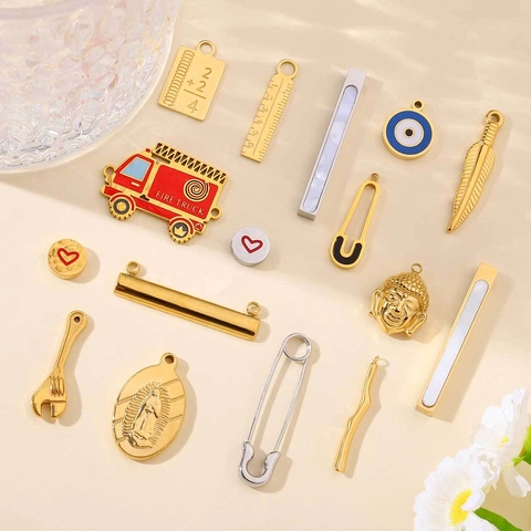 Stainless Steel DIY Jewelry Charms Pendants Heart Evil Eye Buddha Fire Truck Safety Pin Ruler Math Novelty Retro