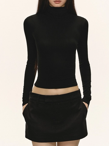 Women Mock Neck Long Sleeve T-Shirt Slim Fit Lyocell Spandex Padded Shoulder Solid Color Elegant Top