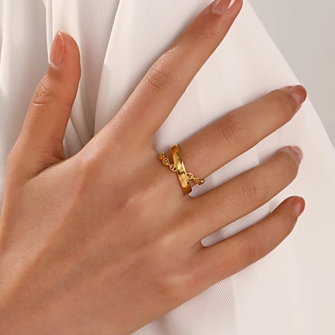 Adjustable Stainless Steel Ring Double Layer X Shape Anchor Chain Link 18K Gold Plated Minimalist Fashion For Women