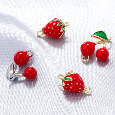 Fruit Strawberry Cherry Pendants Brass Enamel Charms For DIY Jewelry Making Necklace Bracelet Accessories Sweet Style